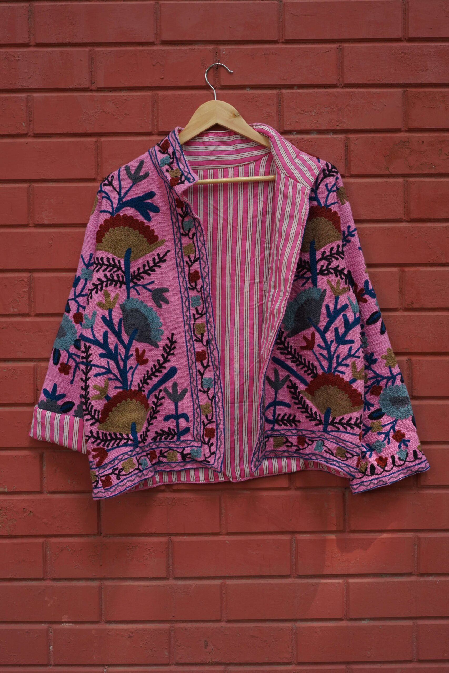 Womens Pink Velvet Embroidered Jacket with Floral Design - Image 3