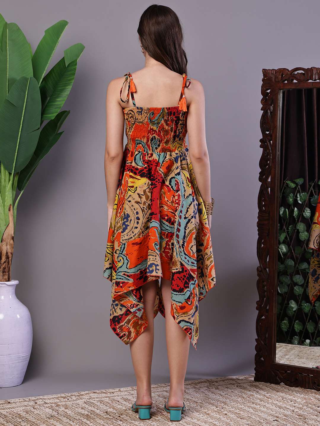 Women's Multicolor Abstract Printed Cotton Handkerchief Hem Dress Midi Dresses - Image 2
